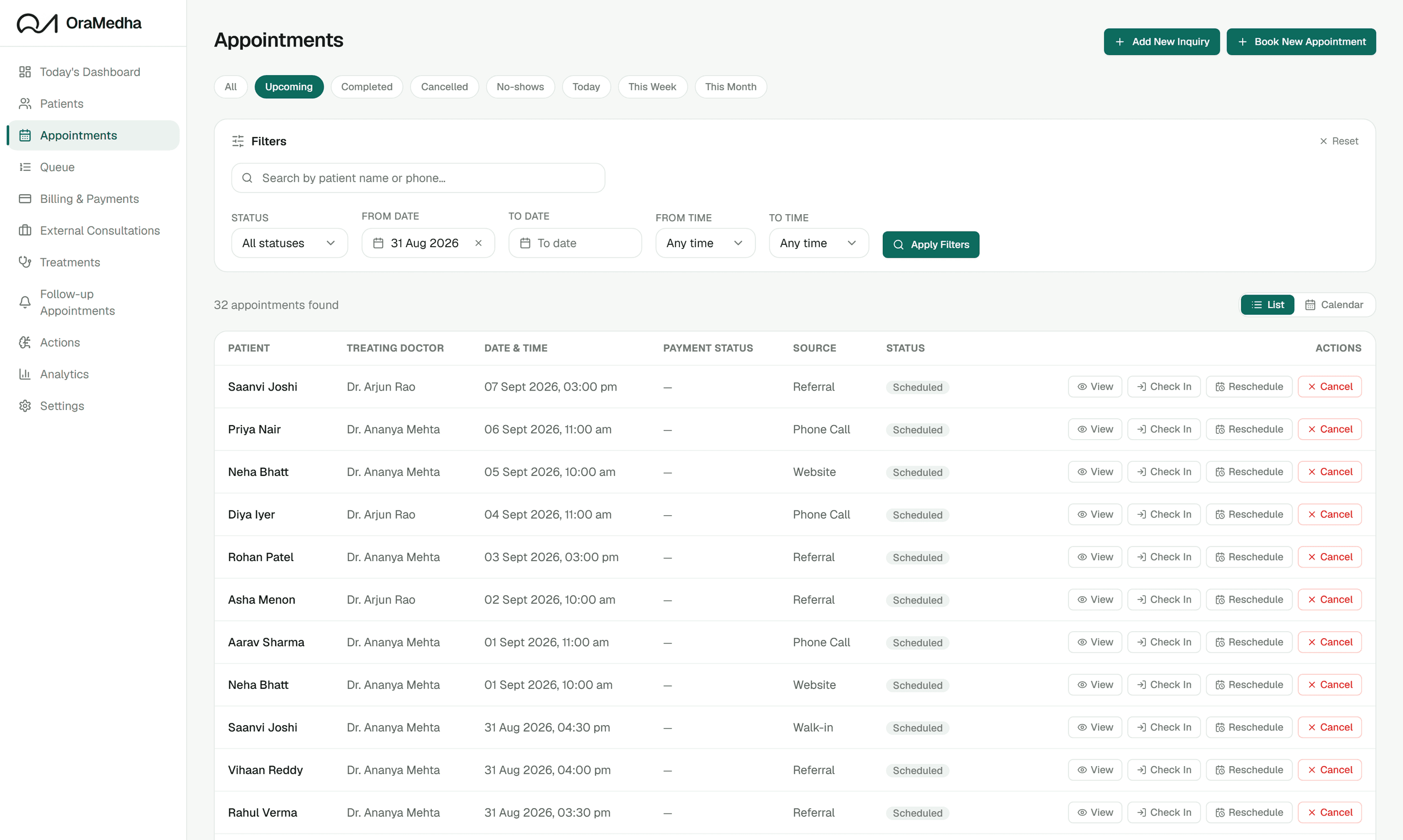Today's appointments in OraMedha, with the treating doctor, time and status for each