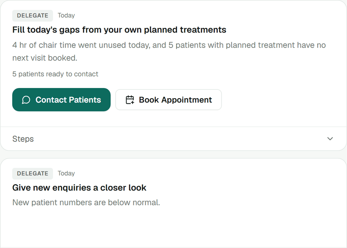 OraMedha's What to do list, pairing each finding with a step and a Contact Patients button