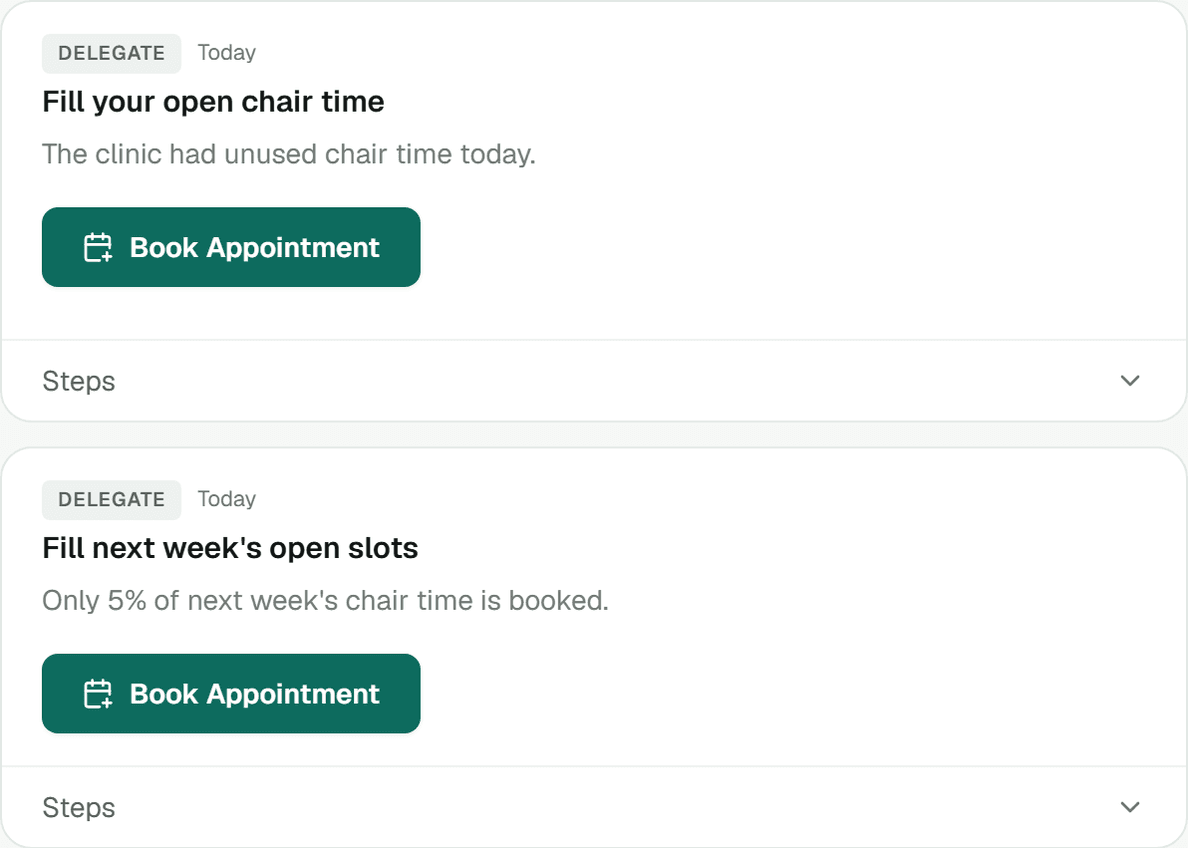 OraMedha's What to do list, pairing each finding with a step and a Book Appointment button