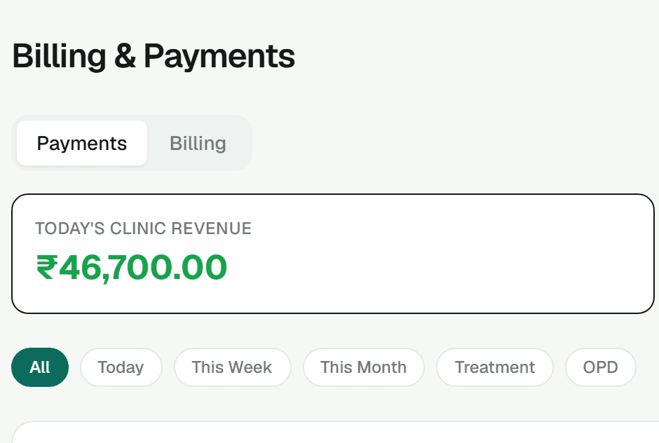 OraMedha's Billing & Payments screen, showing today's revenue and each patient's remaining balance