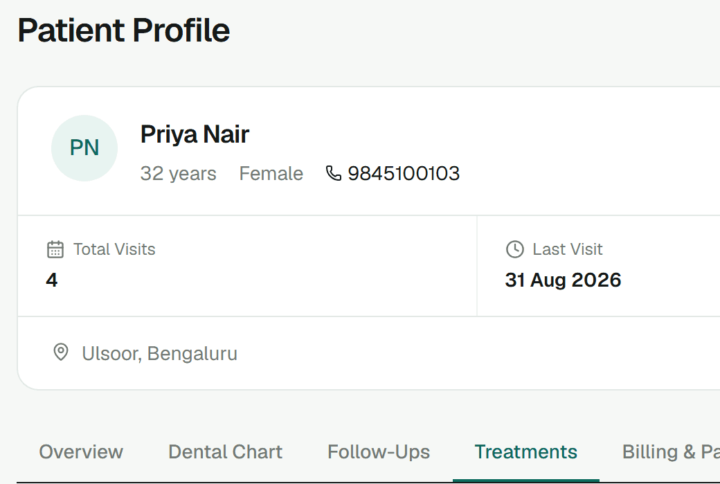 An OraMedha patient record showing visits, last visit and outstanding balance