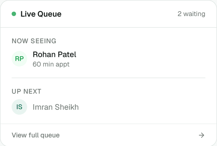OraMedha's Live Queue: who is being seen now and who is up next