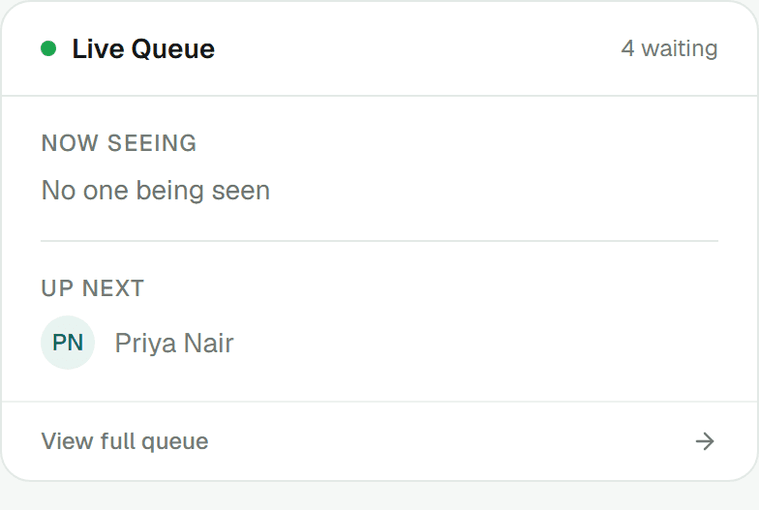 OraMedha's Live Queue: who is being seen now and who is up next