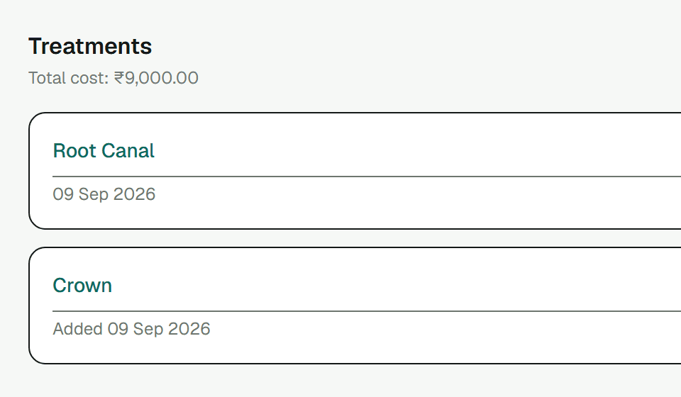 OraMedha's Treatments list for a patient, showing each treatment's name, date and status